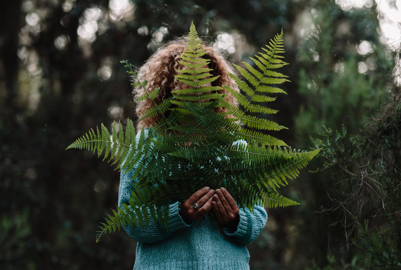 A woman standing among green ferns in a forest